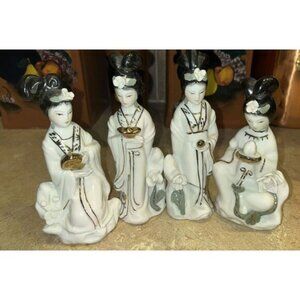 4 Vintage Geishas Japanese Porcelain Gold Enamel Figurines Hand Painted Beauty